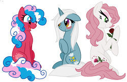 Size: 1161x751 | Tagged: safe, artist:faith-wolff, character:cotton candy (g3), character:desert rose, character:starbeam, species:earth pony, species:pony, species:unicorn, g3, blushing, female, flower, mare, rose, simple background, transparent background, trio
