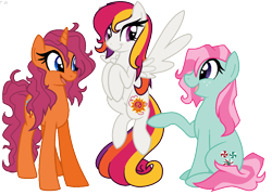 Size: 1116x805 | Tagged: safe, artist:faith-wolff, character:minty, character:sparkleworks, character:sunny daze (g3), species:earth pony, species:pegasus, species:pony, species:unicorn, g3, g4, female, flying, g3 to g4, generation leap, mare, simple background, sitting, transparent background, trio