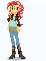 Size: 1536x2048 | Tagged: safe, artist:limedazzle, character:sunset shimmer, my little pony:equestria girls, boots, clothing, female, hand on hip, high heel boots, jacket, leather jacket, shoes, simple background, solo, vector, white background