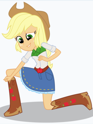 Size: 1536x2048 | Tagged: safe, artist:limedazzle, character:applejack, my little pony:equestria girls, apple, belt, boots, clothing, cowboy boots, cowboy hat, denim skirt, female, food, freckles, hat, scared, shoes, simple background, skirt, solo, stetson, white background