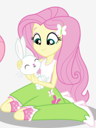 Size: 1536x2048 | Tagged: safe, artist:limedazzle, character:angel bunny, character:fluttershy, my little pony:equestria girls, boots, butterfly, clothing, cute, eyes closed, female, kneeling, shoes, simple background, skirt, sleeping, socks, solo, white background