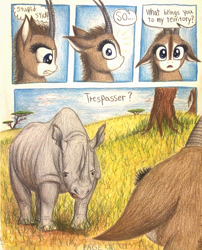 Size: 1056x1310 | Tagged: safe, artist:thefriendlyelephant, oc, oc only, oc:grumpy the rhino, oc:uganda, comic:sable story, acacia tree, africa, animal in mlp form, annoyed, antelope, barely pony related, black rhinoceros, comic, dialogue, dirt, giant sable antelope, grass, horns, rhinoceros, savanna, scared, speech bubble, startled, territorial, thought bubble, traditional art