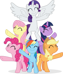 Size: 4182x4918 | Tagged: safe, artist:punzil504, character:applejack, character:fluttershy, character:pinkie pie, character:rainbow dash, character:rarity, character:twilight sparkle, character:twilight sparkle (unicorn), species:alicorn, species:earth pony, species:pegasus, species:pony, species:unicorn, absurd resolution, alicornified, best friends until the end of time, bipedal, eyes closed, female, freckles, mane six, mare, race swap, raricorn, simple background, smiling, transparent background, vector