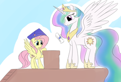 Size: 3496x2362 | Tagged: safe, artist:taurson, character:fluttershy, character:princess celestia, species:pony, newbie artist training grounds, atg 2017, diploma, graduation, graduation cap, spread wings, wings