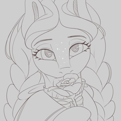 Size: 3600x3600 | Tagged: safe, artist:askamberfawn, oc, oc only, oc:dahlia, species:crystal pony, species:pony, braid, clothing, dress, female, flower, freckles, looking at you, mare, monochrome, rose, sketch, solo