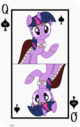 Size: 3809x6062 | Tagged: safe, artist:ironm17, part of a set, character:twilight sparkle, character:twilight sparkle (unicorn), species:pony, species:unicorn, cape, card, clothing, female, grin, jewelry, mare, playing card, queen of spades, smiling, solo, vector