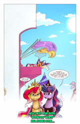 Size: 1253x1950 | Tagged: safe, artist:saturdaymorningproj, character:sunset shimmer, character:twilight sparkle, species:alicorn, species:pony, comic:a princess' worth, ship:sunsetsparkle, alicornified, alternate universe, balcony, crown, dialogue, female, jewelry, lesbian, mare, race swap, regalia, shimmercorn, shipping