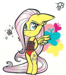 Size: 1024x1162 | Tagged: safe, artist:tillie-tmb, character:fluttershy, species:pegasus, species:pony, bipedal, breasts, chibi, clothing, cute, delicious flat chest, female, flattershy, heart eyes, looking at you, looking sideways, mare, one-piece swimsuit, shyabetes, solo, swimsuit, traditional art, wingding eyes, wings