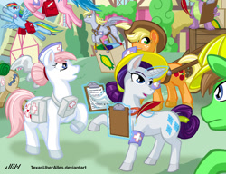 Size: 937x720 | Tagged: safe, artist:texasuberalles, character:applejack, character:derpy hooves, character:firefly, character:mayor mare, character:nurse redheart, character:rainbow dash, character:rarity, character:spike, species:dragon, species:earth pony, species:pegasus, species:pony, species:unicorn, alternate hairstyle, clipboard, clothing, cowboy hat, dock, female, flying, glasses, glowing horn, hat, magic, male, mare, medical saddlebag, quill, raised hoof, saddle bag, stallion, telekinesis, underhoof, wagon