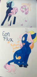 Size: 681x1413 | Tagged: safe, artist:frozensoulpony, character:lightning flare, character:sweetie belle, oc, oc:eon flux, parent:sweetie belle, species:earth pony, species:pony, clothing, hat, offspring, older, parent:lightning flare, straw hat, traditional art, unshorn fetlocks