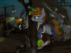 Size: 1555x1166 | Tagged: safe, artist:madhotaru, oc, oc only, oc:littlepip, species:pony, species:unicorn, fallout equestria, clothing, crossover, dead tree, fallout, fanfic, fanfic art, featured on derpibooru, female, glare, glasses, glowing horn, gritted teeth, gun, horn, magic, mare, pipbuck, robot, solo, steampunk, telekinesis, tree, vault suit, wasteland, weapon, zebra rifle