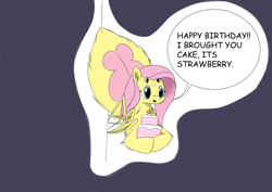 Size: 8598x6071 | Tagged: safe, artist:taurson, character:fluttershy, absurd resolution, cake, dialogue, female, food, happy birthday, hoof hold, monster pony, multiple eyes, original species, solo, species swap, speech bubble, spiderpony, spidershy