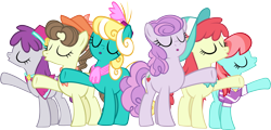 Size: 5495x2648 | Tagged: safe, artist:ironm17, character:pinot noir, character:strawberry ice, species:earth pony, species:pony, cape, clothing, crimson cream, eyes closed, fashion statement, group, hat, honey curls, mare e. belle, mare e. lynn, pearmain worcester, pegasus olsen, peggy holstein, scarf, shirt, simple background, singing, transparent background, vector