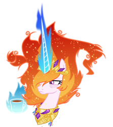 Size: 5000x5608 | Tagged: safe, artist:orin331, character:nightmare star, species:alicorn, species:pony, absurd resolution, bags under eyes, bust, cup, enterplay, evil, female, levitation, magic, magic aura, mane of fire, mare, simple background, solo, telekinesis, transparent background