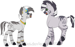 Size: 1403x874 | Tagged: safe, artist:ipandacakes, oc, oc only, oc:kokoto, oc:sage, parent:zecora, species:zebra, bracelet, cute, ear piercing, earring, eye contact, flower, flower in hair, frown, jewelry, looking at each other, necklace, nervous, open mouth, piercing, raised leg, simple background, smiling, transparent background, zebra oc