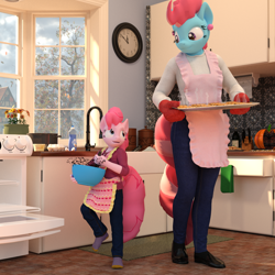 Size: 1500x1500 | Tagged: safe, artist:tahublade7, character:cup cake, character:pinkie pie, species:anthro, species:earth pony, species:plantigrade anthro, species:pony, 3d, apron, baking, bowl, clothing, cookie, cute, daz studio, diapinkes, ear piercing, earring, female, filly, filly pinkie pie, food, jewelry, kitchen, looking at each other, mare, not sfm, oven mitts, pants, piercing, shirt, smiling, tray, younger