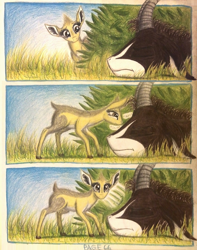 Size: 1068x1352 | Tagged: safe, artist:thefriendlyelephant, oc, oc only, oc:kekere, oc:sabe, comic:sable story, africa, animal in mlp form, antelope, bush, cloven hooves, cute, dik dik, fluffy, giant sable antelope, grass, horns, shrub, sniffing, traditional art, unconscious