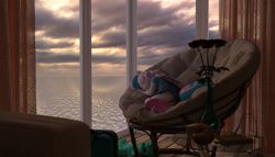 Size: 2625x1500 | Tagged: safe, artist:tahublade7, character:princess flurry heart, species:anthro, species:plantigrade anthro, 3d, chair, clothing, cloud, cruise ship, daz studio, dress, female, flower, jar, luggage, panties, papasan, sandals, shell, sleeping, solo, suitcase, sunset, underwear