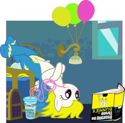 Size: 2044x2000 | Tagged: safe, artist:phucknuckl, character:surprise, species:pegasus, species:pony, background pony, balloon, book, clothing, coffee, crazy straw, female, for dummies, high res, lady marmalade, mare, misspelling, solo, song reference, uniform, upside down, vector, wonderbolts uniform