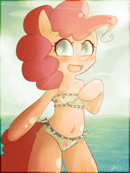 Size: 1200x1600 | Tagged: safe, artist:imalou, character:pinkie pie, adorasexy, attached skirt, bandeau, belly button, bikini, bipedal, blue swimsuit, blushing, breasts, clothing, colored pupils, crepuscular rays, curvy, cute, delicious flat chest, diapinkes, female, frilled swimsuit, frilly, happy, lace, looking at you, midriff, ocean, open mouth, semi-anthro, sexy, smiling, solo, stupid sexy pinkie, sunset, swimsuit