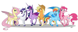 Size: 2383x1000 | Tagged: safe, artist:probablyfakeblonde, character:applejack, character:fluttershy, character:pinkie pie, character:rainbow dash, character:rarity, character:twilight sparkle, character:twilight sparkle (alicorn), species:alicorn, species:classical unicorn, species:earth pony, species:pegasus, species:pony, species:unicorn, 2017, clothing, cloven hooves, colored hooves, colored wings, colored wingtips, cowboy hat, diverse body types, female, freckles, group, hat, leonine tail, line-up, mane six, mare, raised hoof, simple background, size comparison, size difference, smoldash, stetson, unshorn fetlocks, white background