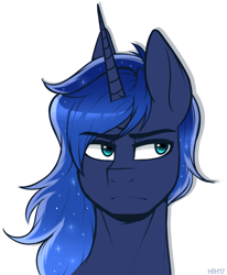 Size: 934x1136 | Tagged: safe, artist:higgly-chan, character:princess luna, species:alicorn, species:pony, looking away, male, missing accessory, prince artemis, rule 63, simple background, solo, stallion, unamused