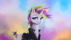 Size: 1920x1080 | Tagged: safe, artist:hierozaki, character:rarity, species:pony, species:unicorn, episode:it isn't the mane thing about you, g4, my little pony: friendship is magic, abstract background, alternate hairstyle, clothing, female, looking at you, punk, punkity, smiling, solo
