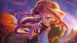 Size: 2000x1125 | Tagged: safe, artist:light262, character:ray, character:sunset shimmer, episode:pet project, g4, my little pony: equestria girls, my little pony:equestria girls, autumn, clothing, cloud, colored pupils, cute, duo, eyes closed, featured on derpibooru, female, gecko, houses, jacket, leather jacket, leopard gecko, lidded eyes, morning, nuzzling, open mouth, ray, shimmerbetes, signature, sky, smiling, tree, windswept hair, windswept mane