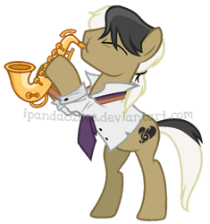 Size: 683x727 | Tagged: safe, artist:ipandacakes, base used, oc, oc only, oc:charleston, parent:frederic horseshoepin, parent:octavia melody, parents:fredtavia, species:earth pony, species:pony, bipedal, dexterous hooves, male, musical instrument, offspring, saxophone, simple background, solo, stallion, transparent background