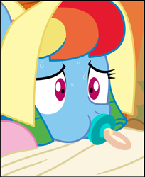 Size: 2960x3628 | Tagged: safe, artist:evilfrenzy, character:rainbow dash, bonnet, cropped, female, pacifier, solo, sweat, sweatdrops