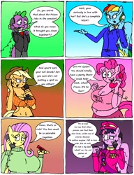 Size: 2520x3288 | Tagged: safe, artist:americananomaly, character:applejack, character:fluttershy, character:pinkie pie, character:rainbow dash, character:rarity, character:spike, character:trixie, character:twilight sparkle, character:twilight sparkle (alicorn), species:alicorn, species:anthro, species:dragon, species:pony, anthroquestria, bbw, belly button, big breasts, breasts, busty applejack, busty fluttershy, busty pinkie pie, chubby, cleavage, clothing, comic, fat, female, hat, high res, immortality blues, implied, lesbian, midriff, muffin top, phone, pudgy pie, rarixie, shipping, short shirt, sweater, sweatershy, uniform