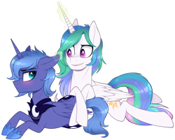 Size: 1250x1003 | Tagged: safe, artist:higgly-chan, character:princess celestia, character:princess luna, species:alicorn, species:pony, duo, prince artemis, prince solaris, prone, royal sisters, rule 63, simple background, transparent background