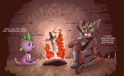 Size: 1745x1078 | Tagged: safe, artist:saturdaymorningproj, character:spike, species:dragon, bonfire, crossover, dark souls, dialogue, fire, sitting, video game