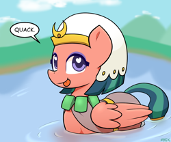 Size: 800x665 | Tagged: safe, artist:puetsua, character:somnambula, species:bird, species:pegasus, species:pony, episode:daring done, g4, behaving like a bird, birb, blep, cute, dialogue, duck pony, female, heart, heart eyes, mare, mlem, pegaduck, quack, silly, solo, somnambetes, tongue out, water, wingding eyes