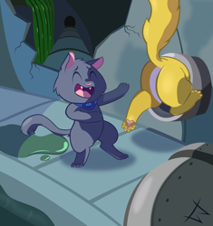 Size: 1500x1596 | Tagged: safe, artist:magerblutooth, oc, oc only, oc:dazzle, oc:peal, comic:diamond and dazzle, barely pony related, butt, buttstuck, cat, laughing, pipe (plumbing), sewer, stuck
