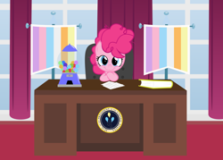 Size: 5182x3700 | Tagged: safe, artist:kuren247, character:pinkie pie, species:pony, absurd resolution, banner, book, crossed arms, cute, desk, diapinkes, fanart mashup challenge, female, filly, filly pinkie pie, foal, gumball machine, oval office, president, smiling, solo, white house, younger