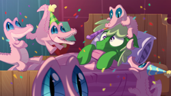 Size: 3840x2160 | Tagged: safe, artist:equestria-prevails, character:gummy, character:pinkie pie, species:earth pony, species:pony, episode:too many pinkie pies, g4, my little pony: friendship is magic, alligator, bed, clones, confetti, gatorfied, gummy pie, kazotsky kick, multeity, party, pinkie clone, ponified, ponified pony pets, role reversal, species swap, wallpaper, wat