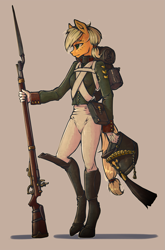 Size: 991x1500 | Tagged: safe, artist:madhotaru, character:applejack, species:anthro, backpack, bayonet, boots, clothing, female, gun, hat, military uniform, musket, rifle, shoes, simple background, soldier, solo, uniform, weapon
