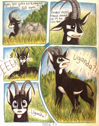 Size: 1072x1364 | Tagged: safe, artist:thefriendlyelephant, oc, oc only, oc:sabe, comic:sable story, africa, animal in mlp form, antelope, bush, cloven hooves, comic, concerned, distressed, eek, giant sable antelope, grass, horns, pain, rock, traditional art