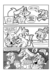 Size: 1985x2806 | Tagged: safe, artist:joeywaggoner, character:captain celaeno, character:derpy hooves, character:juniper montage, character:lyra heartstrings, character:pinkie pie, character:spike, species:anthro, species:pony, my little pony: the movie (2017), anthro with ponies, beauty mark, clothing, comic, ear piercing, earring, equestria girls ponified, female, hat, internet, jewelry, monochrome, movie, piercing, pirate, pirate hat, ponified, privateer, public service announcement