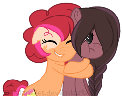 Size: 694x551 | Tagged: safe, artist:ipandacakes, oc, oc only, oc:chimi cherry cheesecake, oc:humor mimi pie, parent:cheese sandwich, parent:pinkie pie, parents:cheesepie, species:earth pony, species:pony, female, hug, mare, offspring, simple background, sisters, transparent background