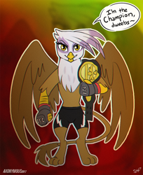 Size: 900x1105 | Tagged: safe, artist:axonymous, artist:sorcerushorserus, character:gilda, species:griffon, championship belt, chromatic aberration, clothing, collaboration, compression shorts, dialogue, dweeb, female, fingerless gloves, gloves, gradient background, grin, looking at you, martial arts, mma, mma gloves, pose, shorts, smiling, smirk, solo, stare, stare down, ufc
