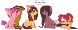 Size: 2017x780 | Tagged: safe, artist:ipandacakes, oc, oc only, oc:chimi cherry cheesecake, oc:cupcake, oc:humor mimi pie, oc:jamboree sandwich, oc:peanut butter sandwich, parent:cheese sandwich, parent:pinkie pie, parents:cheesepie, species:earth pony, species:pony, pandoraverse, alternate universe, bow, brother and sister, crossover, female, hair bow, happy, interdimensional siblings, male, mare, next generation, nom, offspring, simple background, sisters, stallion, tail bow, tongue out, transparent background
