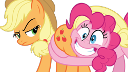 Size: 2000x1138 | Tagged: safe, artist:phucknuckl, edit, edited screencap, screencap, character:applejack, character:pinkie pie, species:earth pony, species:pony, episode:shadow play, g4, my little pony: friendship is magic, applebutt, applejack is not amused, big grin, butt touch, butthug, clothing, cowboy hat, duo, faceful of ass, female, freckles, grin, hat, hug, looking back, mare, pinkie hugging applejack's butt, simple background, smiling, stetson, the ass was fat, transparent background, unamused, vector