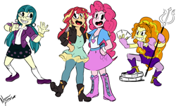 Size: 1280x768 | Tagged: safe, artist:nayaasebeleguii, character:adagio dazzle, character:juniper montage, character:pinkie pie, character:sunset shimmer, my little pony:equestria girls, crossover, cuphead, cuphead (character), king dice, mugman, parody, studio mdhr, style emulation, the devil, trident