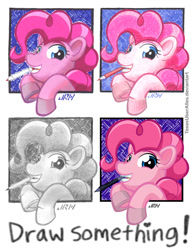 Size: 720x937 | Tagged: safe, artist:texasuberalles, character:pinkie pie, species:earth pony, species:pony, colored pencil drawing, female, looking at you, mare, marker drawing, mouth hold, pencil, pencil drawing, solo, stylus, traditional art