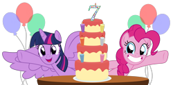 Size: 12464x6176 | Tagged: safe, artist:kuren247, character:pinkie pie, character:twilight sparkle, character:twilight sparkle (alicorn), species:alicorn, species:pony, absurd resolution, balloon, birthday candles, cake, candle, female, food, happy birthday mlp:fim, mare, mlp fim's seventh anniversary, simple background, smiling, transparent background, vector