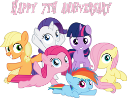 Size: 4775x3686 | Tagged: safe, artist:pink1ejack, character:applejack, character:fluttershy, character:pinkie pie, character:rainbow dash, character:rarity, character:twilight sparkle, species:pony, cute, dashabetes, diapinkes, female, filly, filly applejack, filly fluttershy, filly pinkie pie, filly rainbow dash, filly rarity, filly six, filly twilight sparkle, happy birthday mlp:fim, jackabetes, looking at you, mlp fim's seventh anniversary, raribetes, shyabetes, simple background, smiling, transparent background, twiabetes, vector, younger