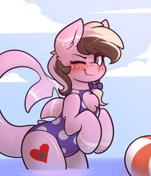 Size: 3000x3500 | Tagged: safe, artist:whitepone, oc, oc only, oc:ashee, species:pony, beach, beach ball, blushing, bow, clothing, fangs, female, mare, one eye closed, one-piece swimsuit, original species, shark, shark pony, smiling, standing, suggestive source, swimsuit, wet, wink