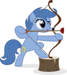 Size: 6129x6773 | Tagged: safe, artist:punzil504, character:archer, species:earth pony, species:pony, absurd resolution, archer, archer (character), background pony, bipedal, bow, female, filly, one eye closed, one eye open, scootablue, simple background, solo, transparent background, tree stump, vector, wingless